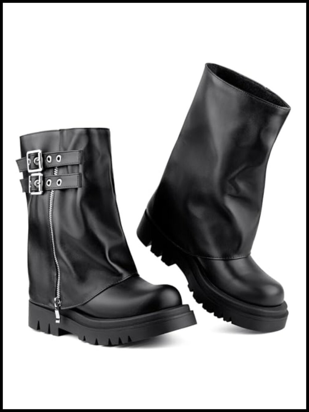 Fold Over Mid Calf Moto Combat Boots Faux Leather Platform